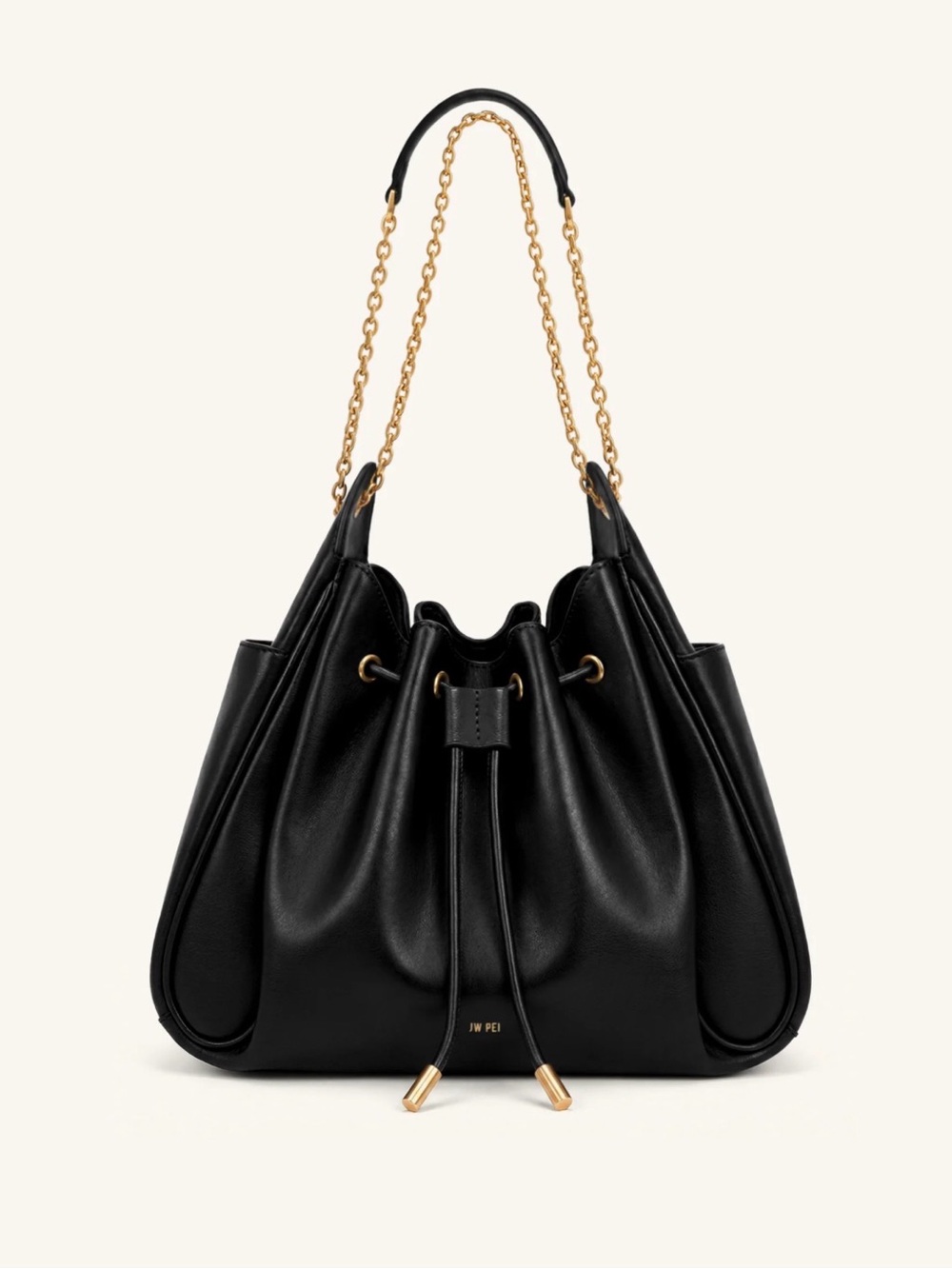 JW PEI Rowan Ruched Drawstring Chain Bucket Bag - Black
